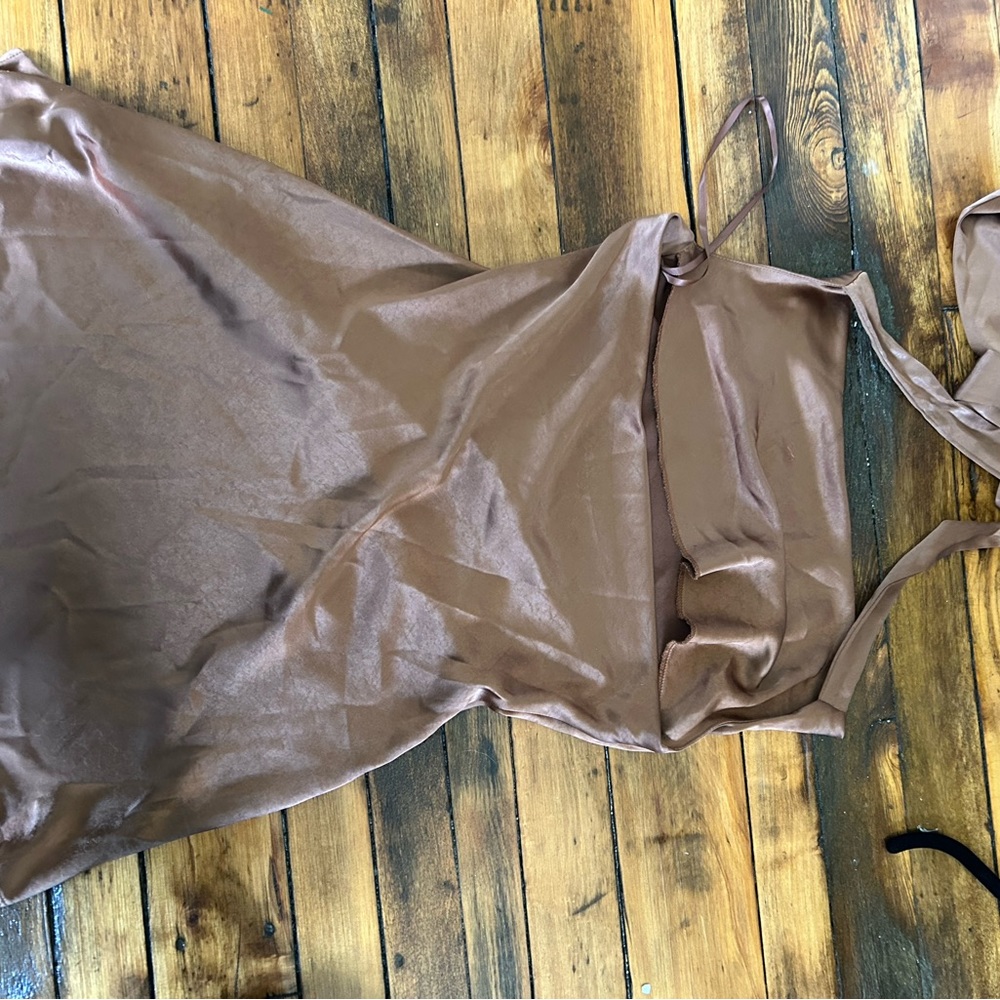 Selfie Leslie Champagne Showers Halterneck Slip Mini Dress Chocolate - Picture 5 of 6